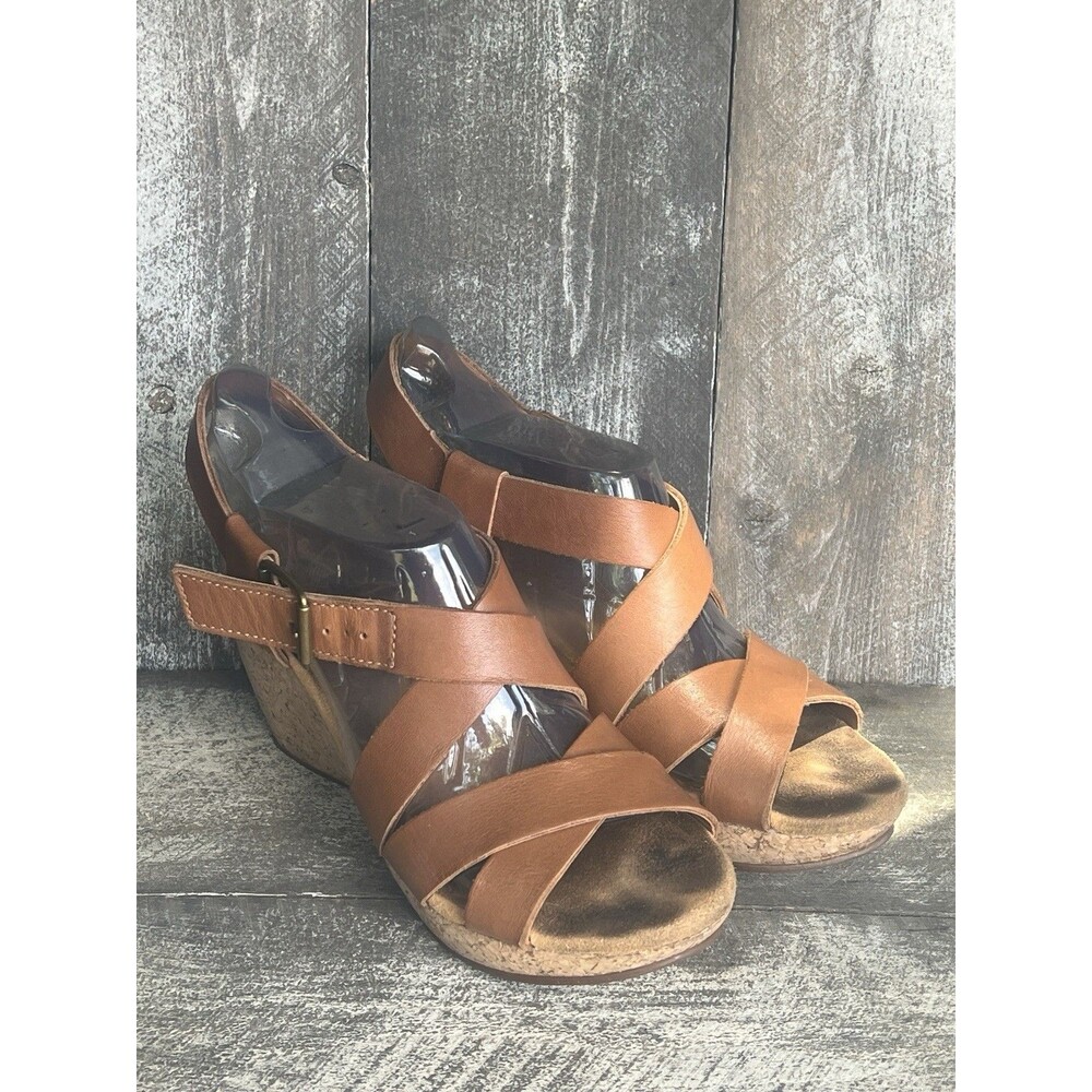 Clarks Elements Shoes Womens 7.5 Brown Leather Cork Wedge Sandals Slingback